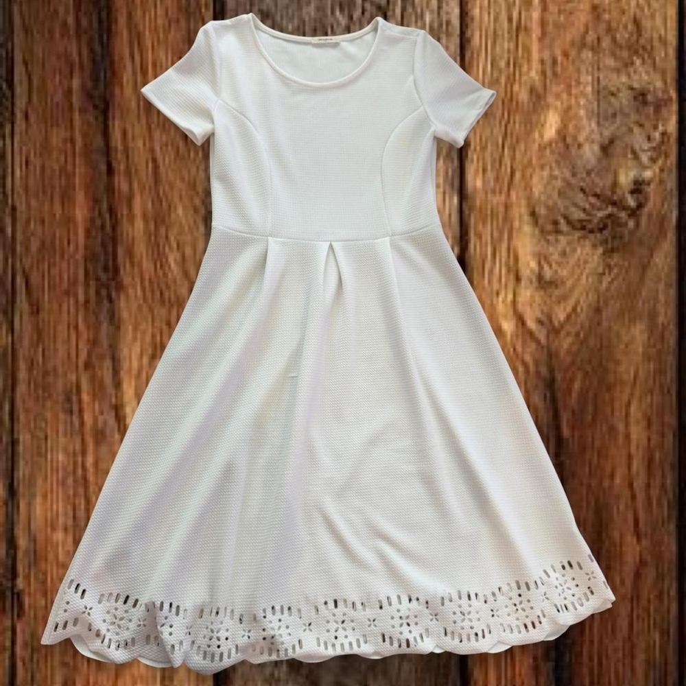 12PM by Mon Ami White Fit & Flare Midi Dress Scallop Eyelet Hem